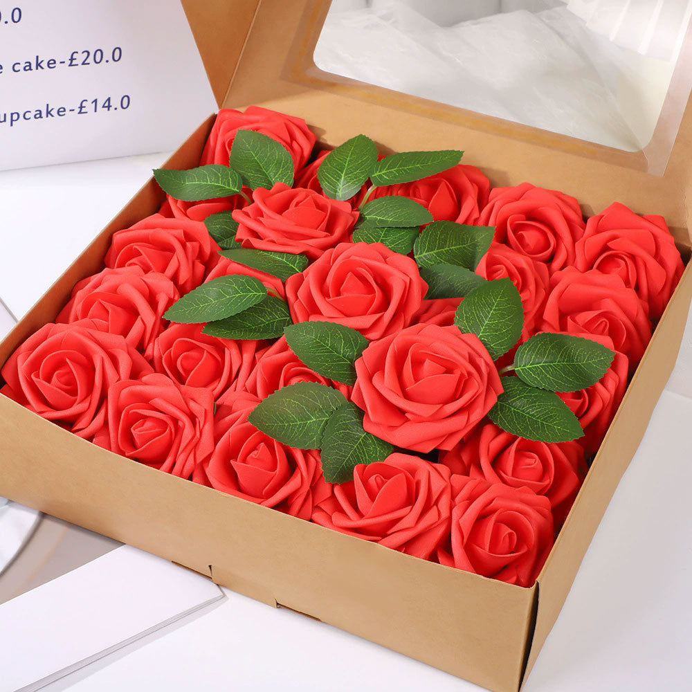 25 Rose Artificial Foam Flowers with Stems Wire and Leaves 2.8" Red