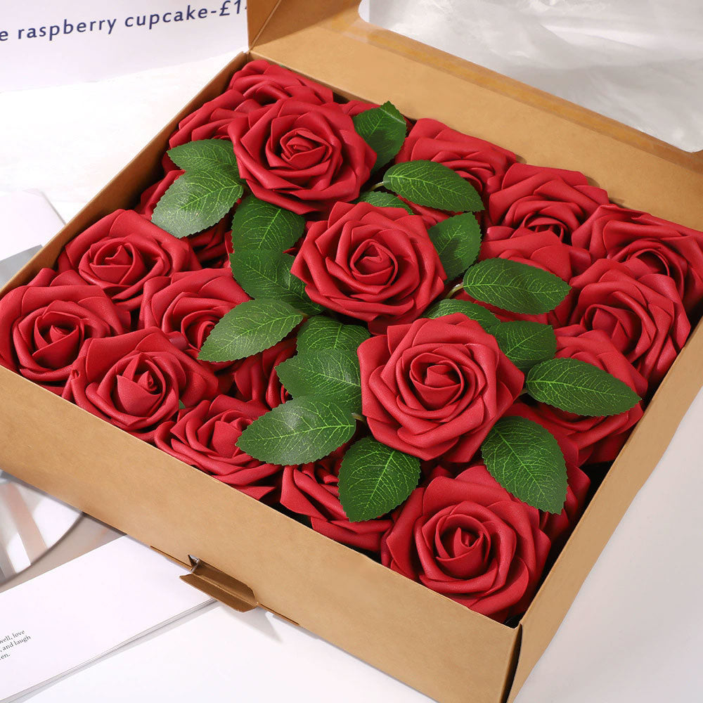25 Rose Artificial Foam Flowers with Stems Wire and Leaves 2.8" Wine Red