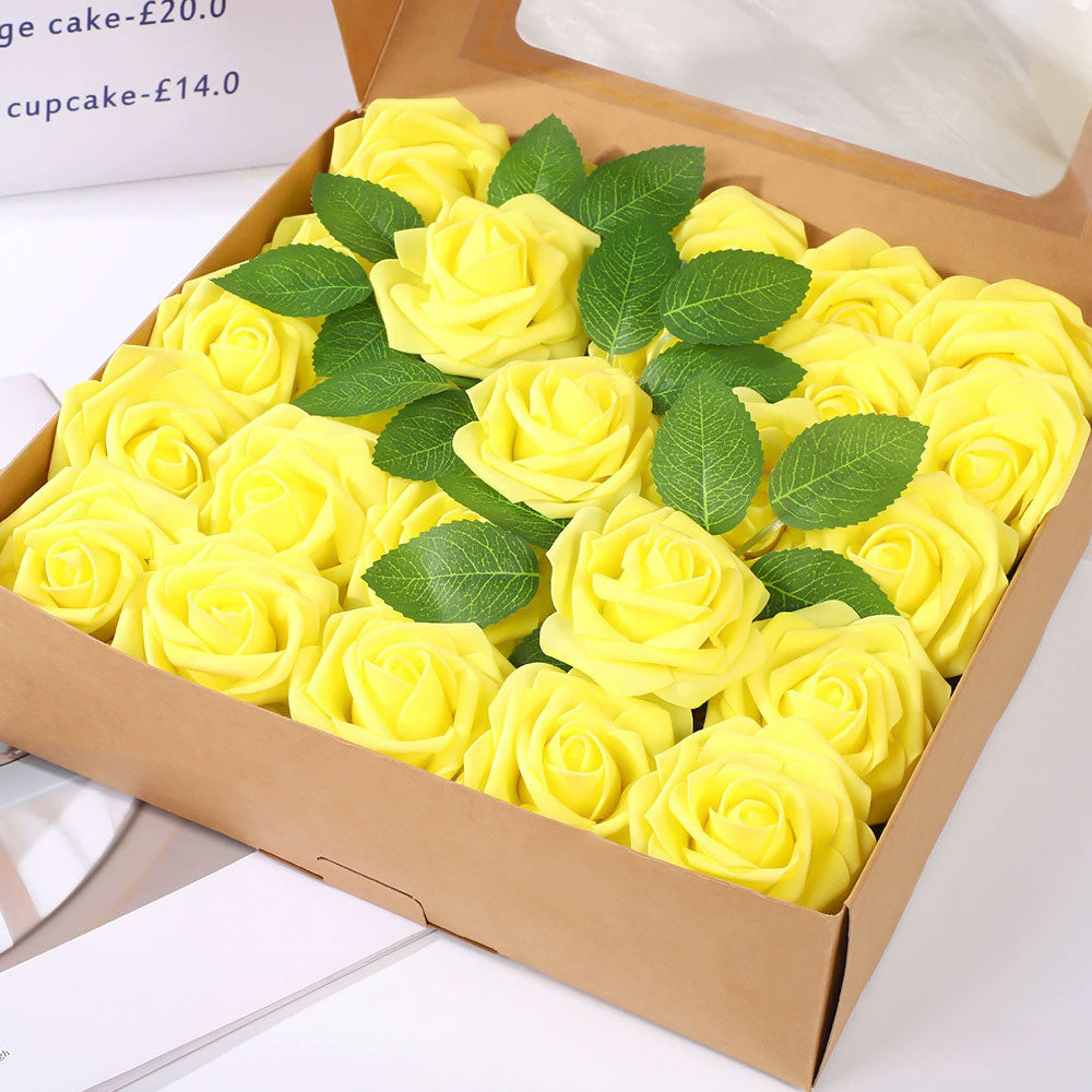 25 Rose Artificial Foam Flowers with Stems Wire and Leaves 2.8" Yellow