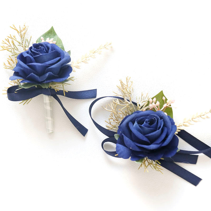 Wedding Rose Wrist Corsage and Boutonniere Set Blue