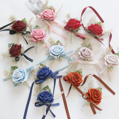 Wedding Rose Wrist Corsage and Boutonniere Set Orange