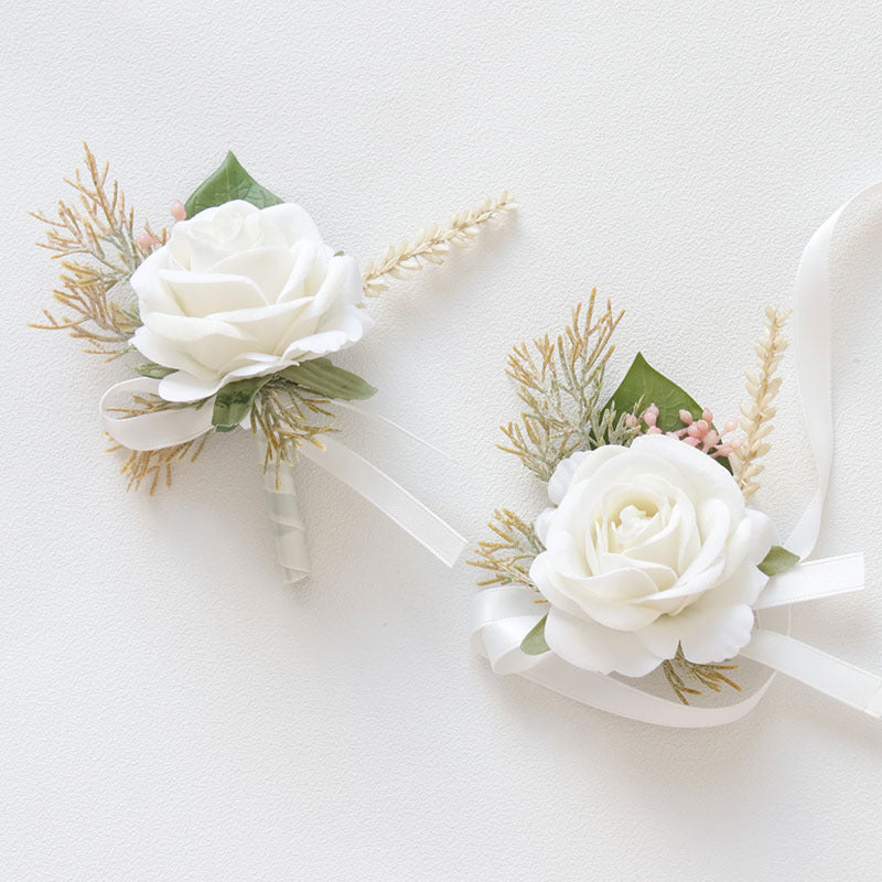 Wedding Rose Wrist Corsage and Boutonniere Set White