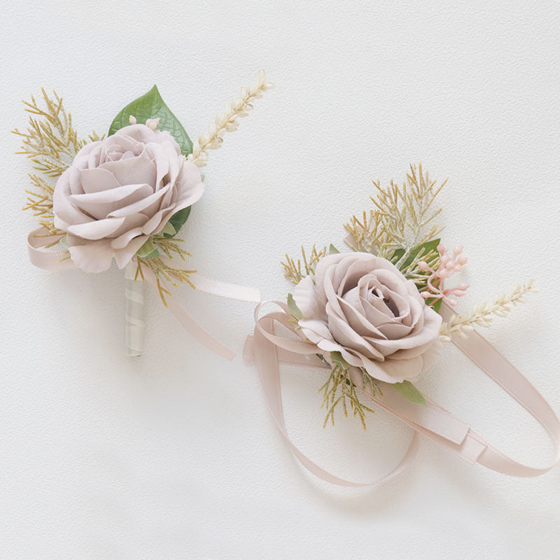Wedding Rose Wrist Corsage and Boutonniere Set Gray