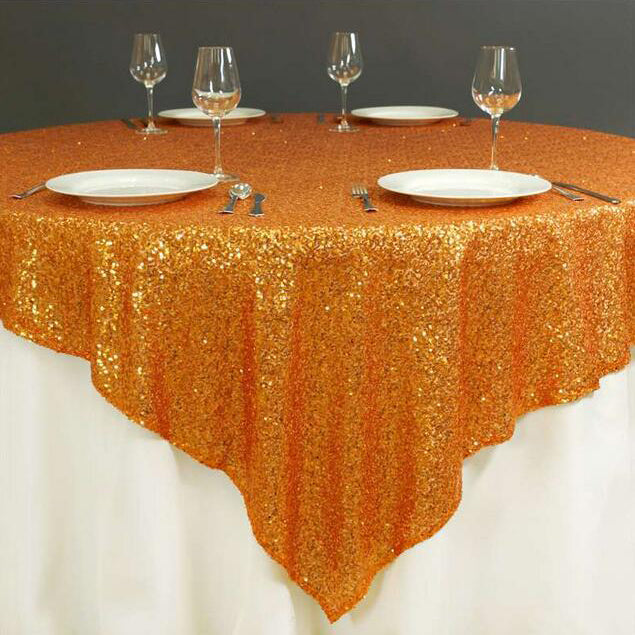 Sequin Square Table Overlay 90"x90" Orange