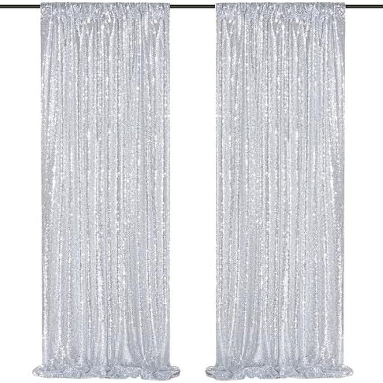 Silver Sequin Backdrop Drape Curtains with Rod Pockets - 8ftx8ft