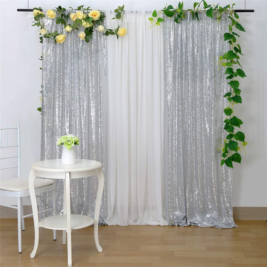 Silver Sequin Backdrop Drape Curtains with Rod Pockets - 8ftx8ft