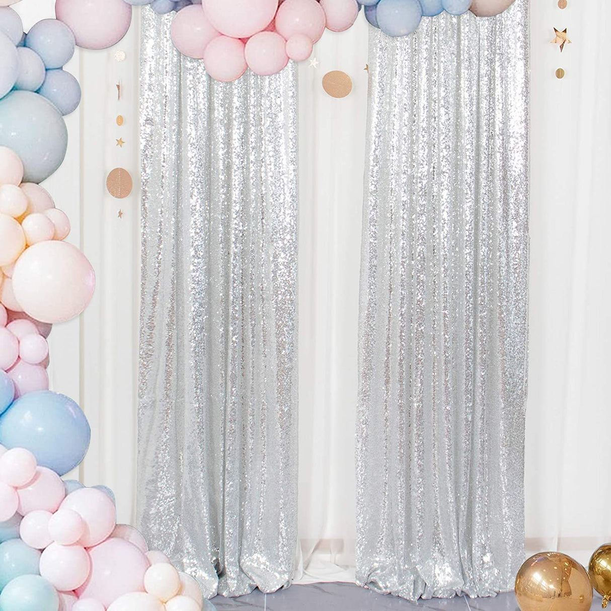 Silver Sequin Backdrop Drape Curtains with Rod Pockets - 8ftx8ft
