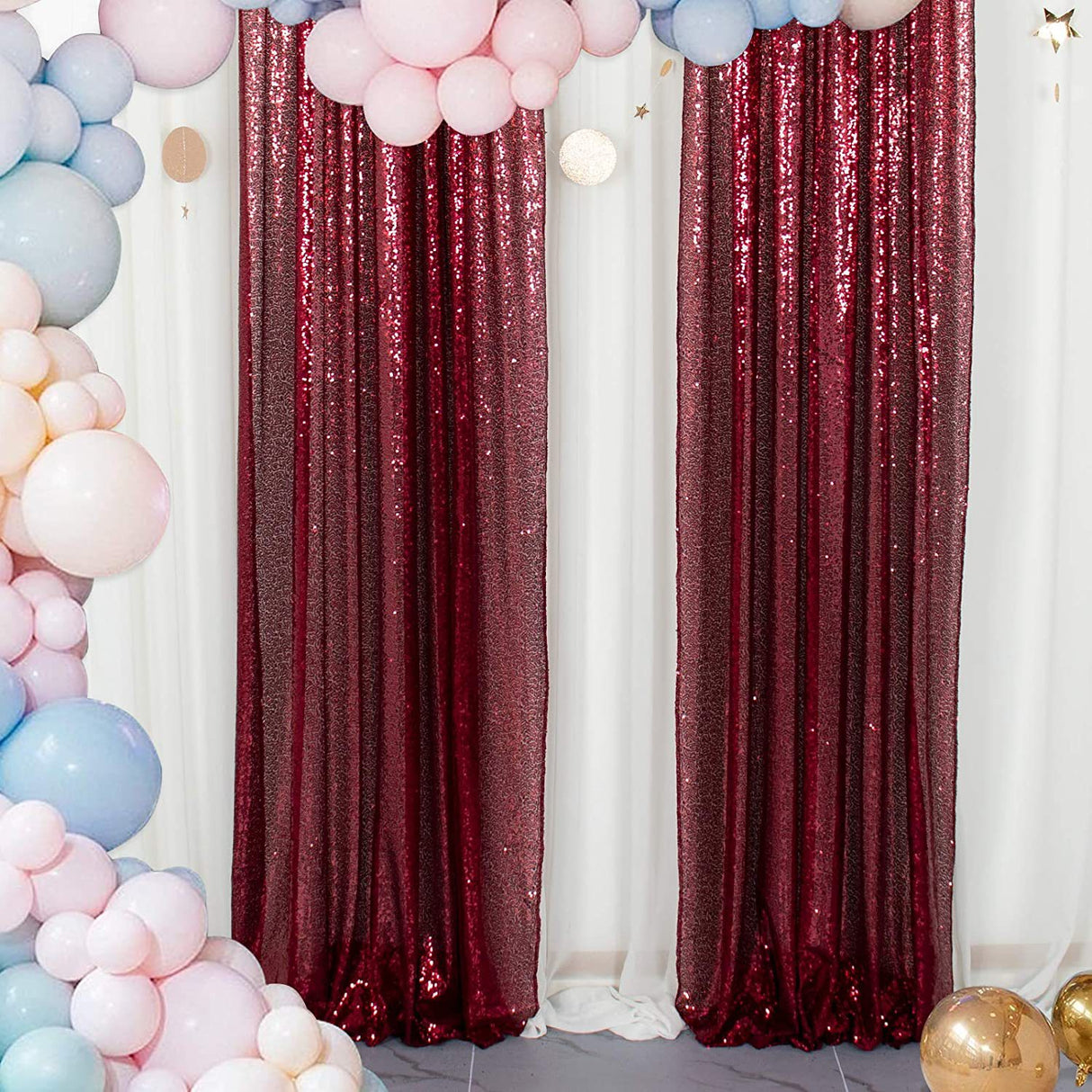 Wine Red Sequin Backdrop Drape Curtains with Rod Pockets - 8ftx8ft