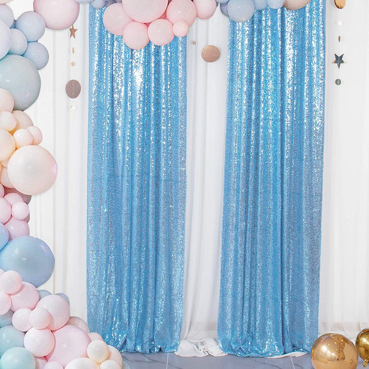 Sky Blue Sequin Backdrop Drape Curtains with Rod Pockets - 8ftx8ft