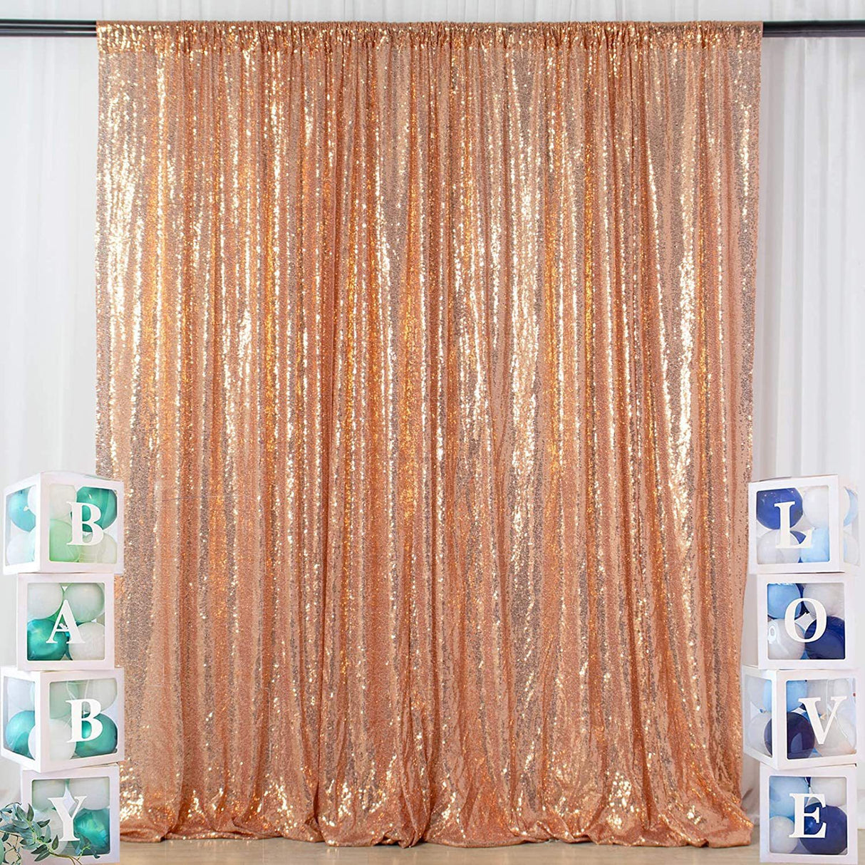 Rose Gold Sequin Backdrop Drape Curtains with Rod Pockets - 8ftx8ft
