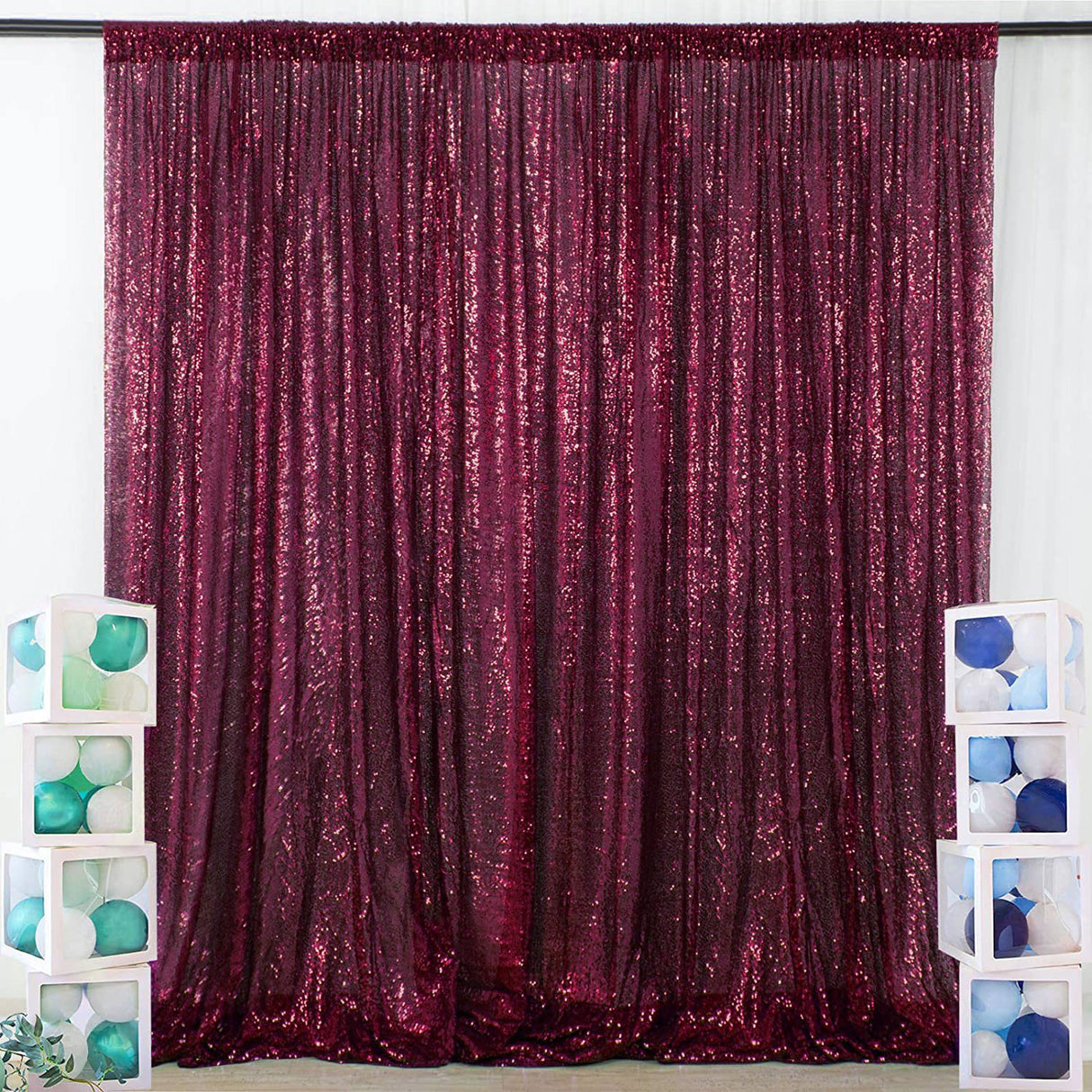 Wine Red Sequin Backdrop Drape Curtains with Rod Pockets - 8ftx8ft