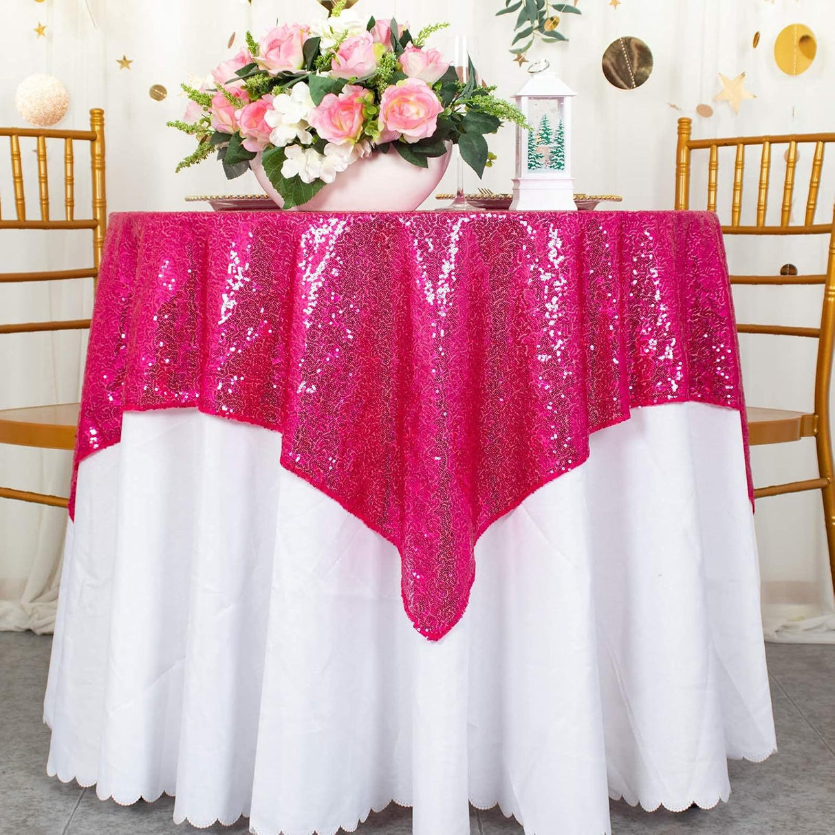Sequin Square Table Overlay 90"x90" Rose Red