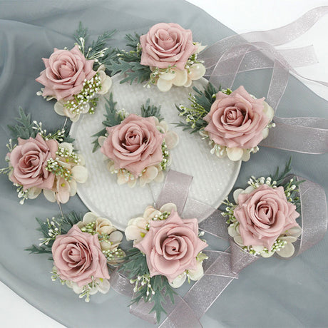 Wedding Simulation Corsage Wrist Flower Set Bean Paste Pink