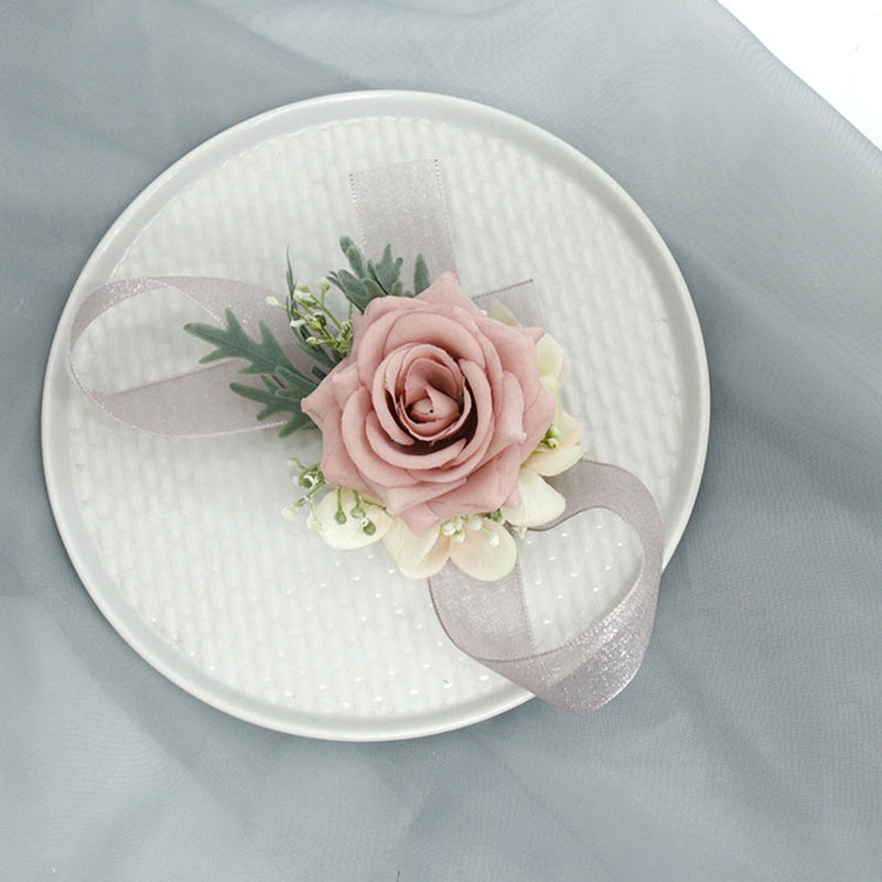Wedding Simulation Corsage Wrist Flower Set Bean Paste Pink