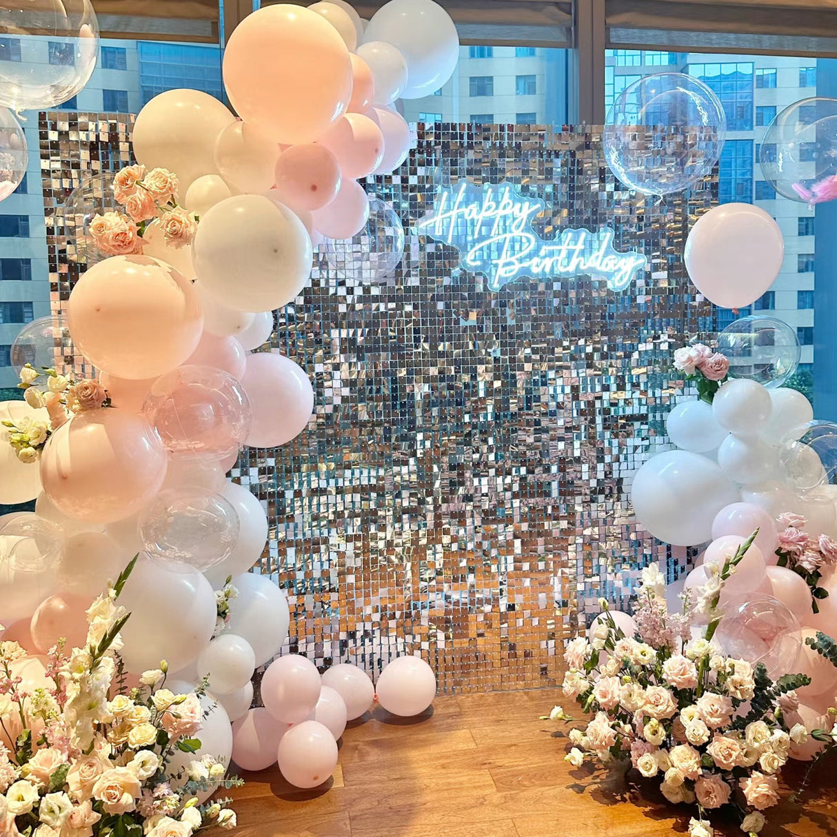24 Panels Square Sequin Shimmer Wall Photo Backdrop Panels - 24sq.ft Silver