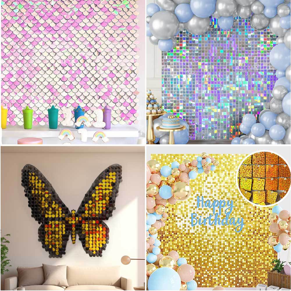24 Panels Square Sequin Shimmer Wall Photo Backdrop Panels - 24sq.ft Iridescent Silver