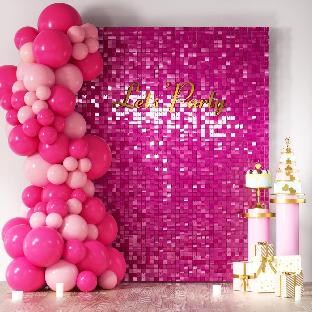 24 Panels Square Sequin Shimmer Wall Photo Backdrop Panels - 24sq.ft Rose Red