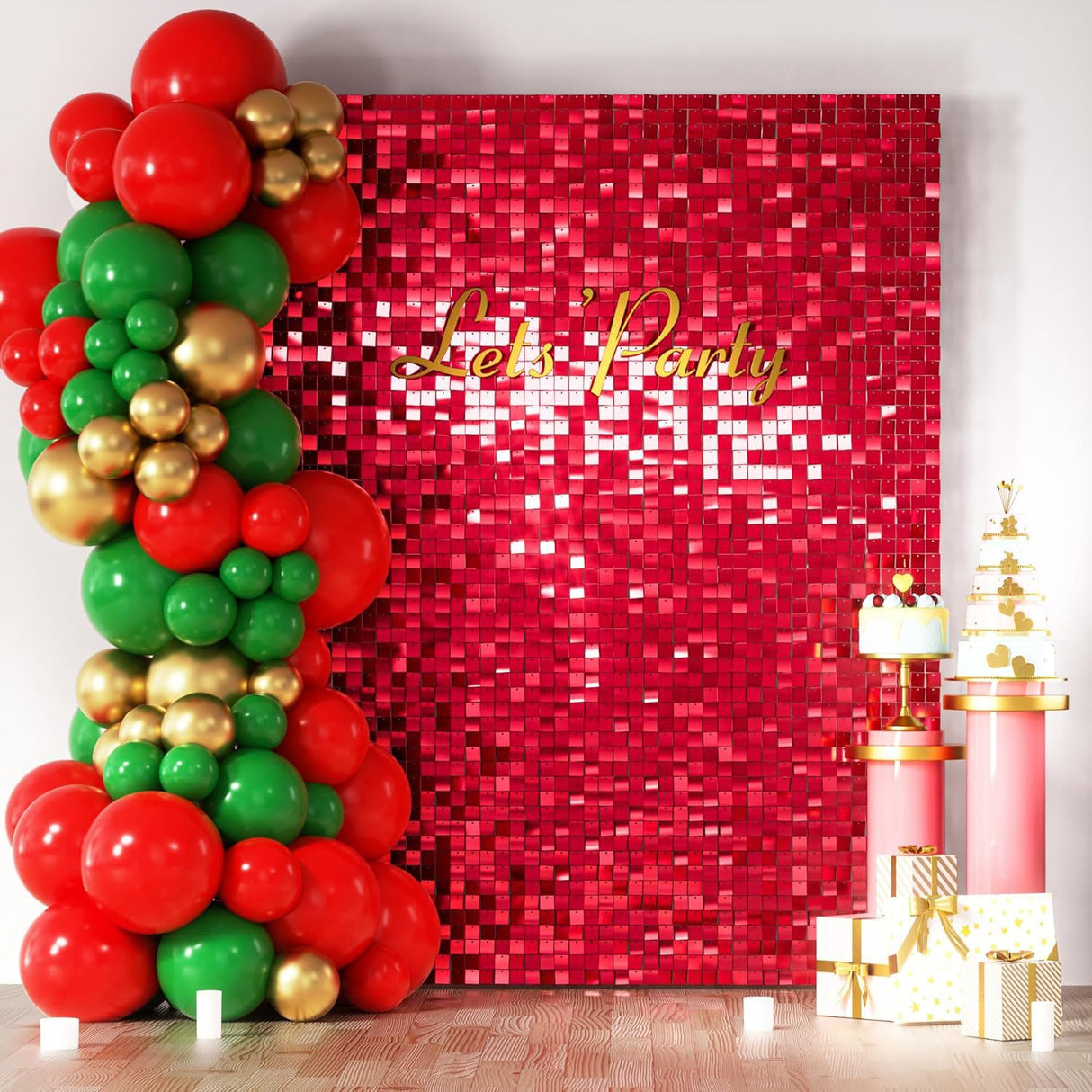 24 Panels Square Sequin Shimmer Wall Photo Backdrop Panels - 24sq.ft Red