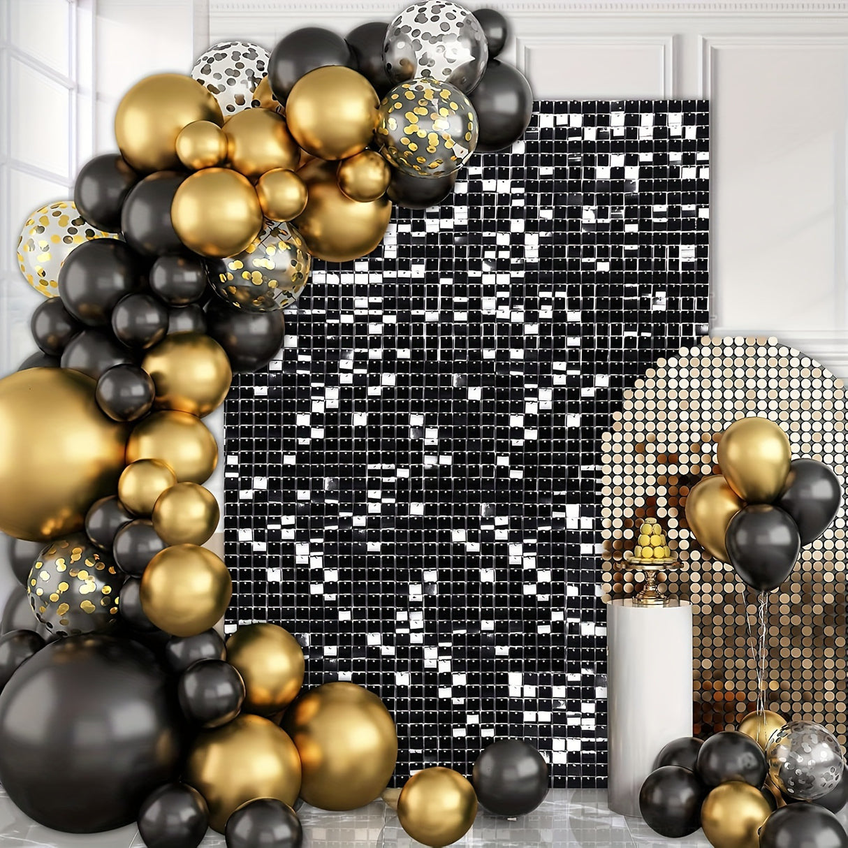 24 Panels Square Sequin Shimmer Wall Photo Backdrop Panels - 24sq.ft Black