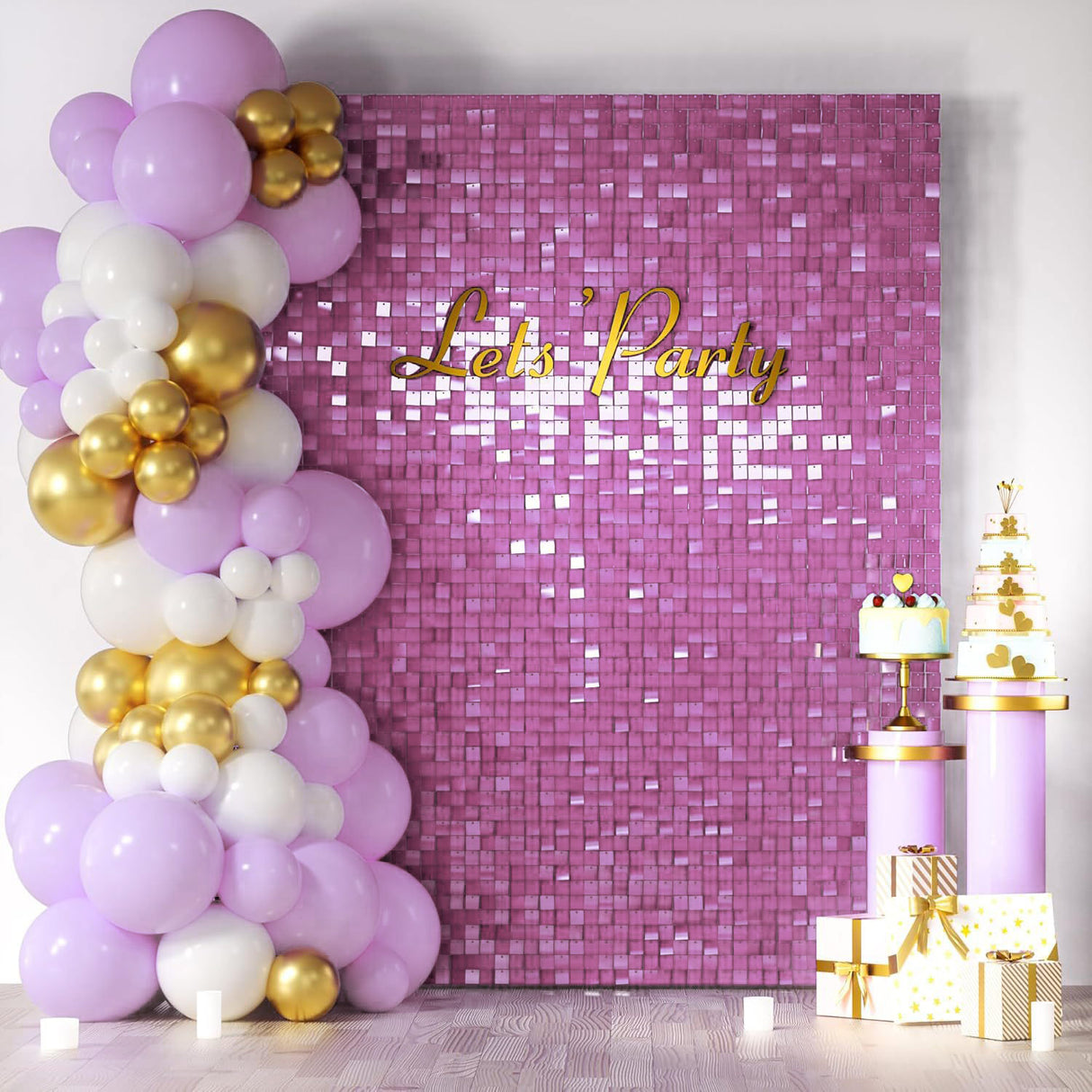 24 Panels Square Sequin Shimmer Wall Photo Backdrop Panels - 24sq.ft Light Pink