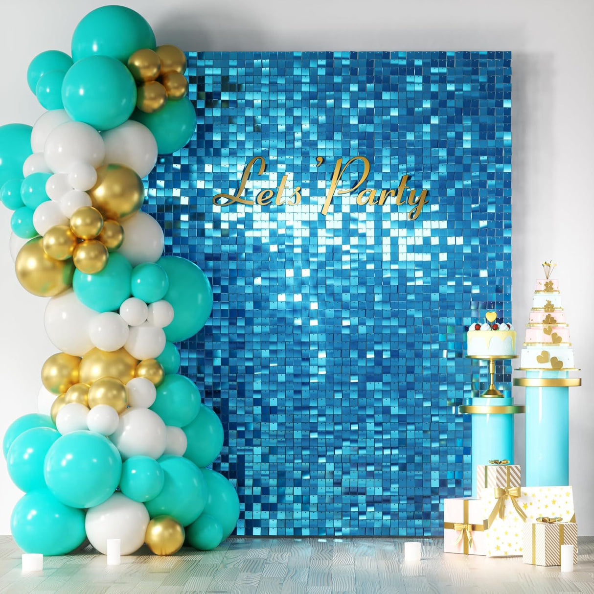 24 Panels Square Sequin Shimmer Wall Photo Backdrop Panels - 24sq.ft Lake Blue