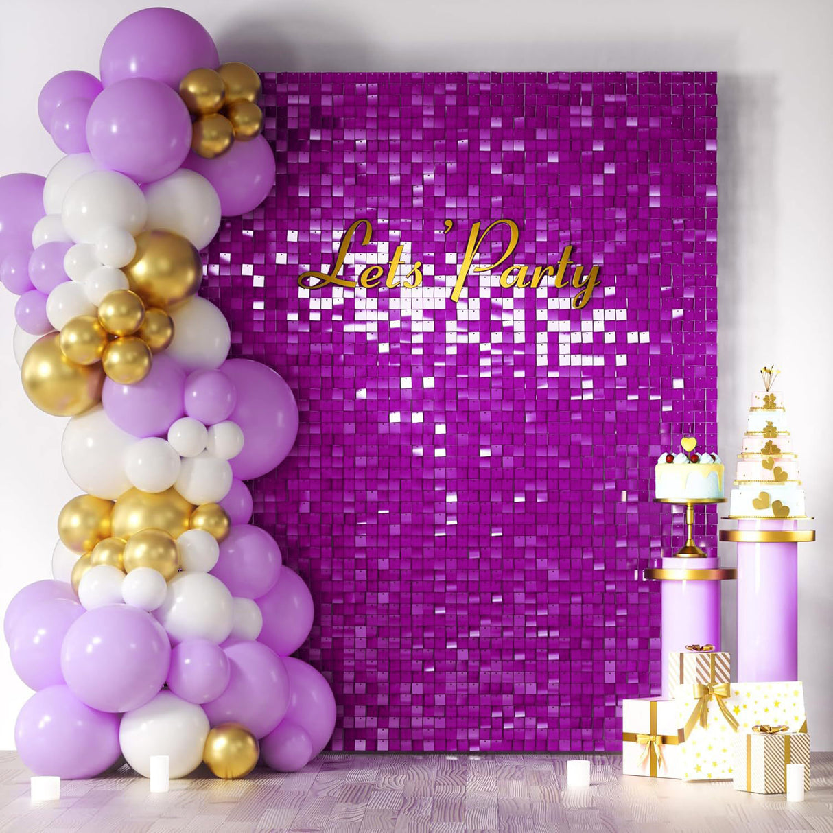 24 Panels Square Sequin Shimmer Wall Photo Backdrop Panels - 24sq.ft Purple