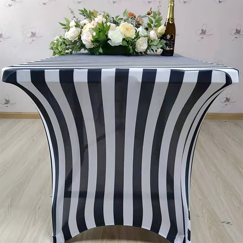 Stretch Spandex Rectangle Tablecloth Black/White Vertical Stripes 96"x30"