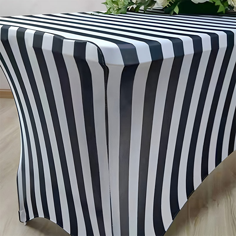 Stretch Spandex Rectangle Tablecloth Black/White Vertical Stripes 96"x30"