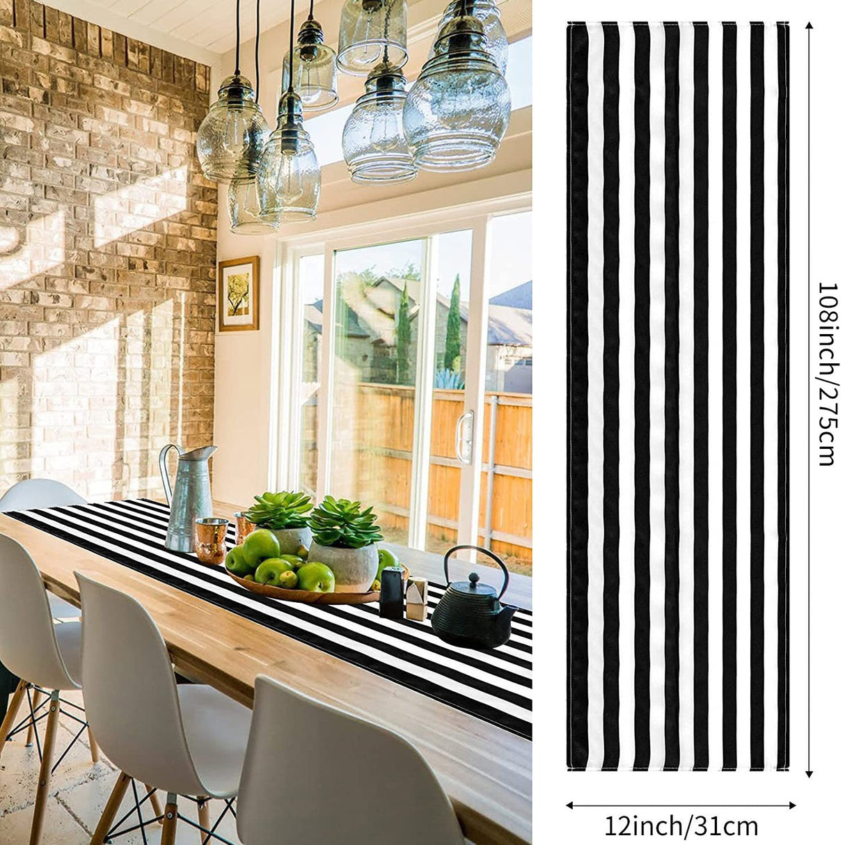 Satin Stripe Classic Table Runner 12"x108" Black White