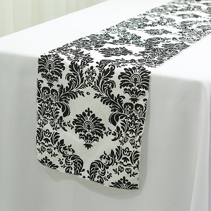 Taffeta Flocking Table Runner 12"x108" Black Damask