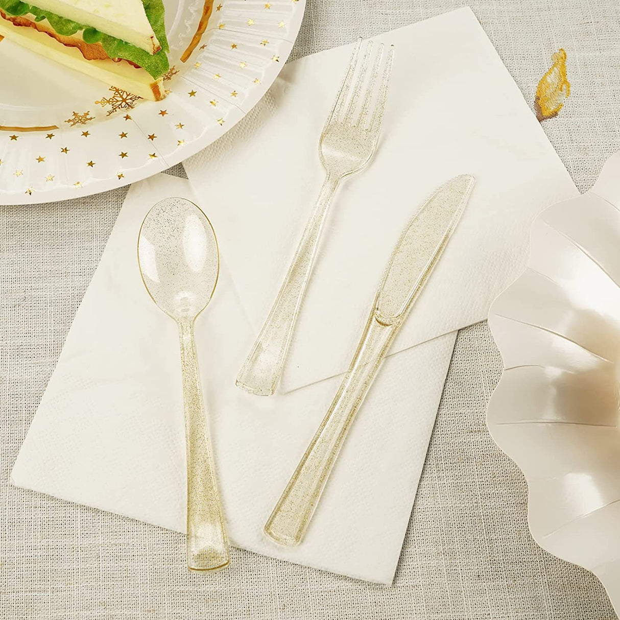 25 Pc Plastic Knives 7" Transparent Gold Glitter Classic Heavy Duty