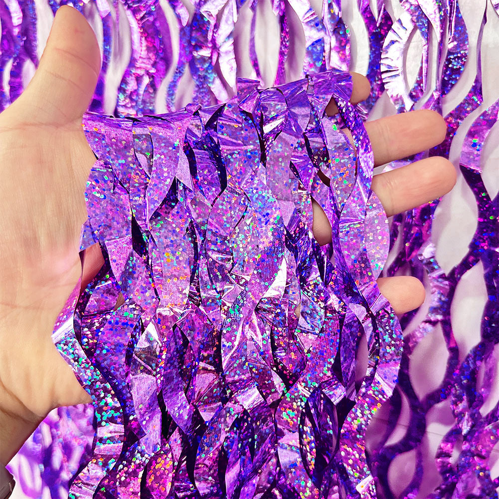 4 Pack Wavy Foil Fringe Curtain Party Backdrop 3.3x6.6 Ft Laser Purple