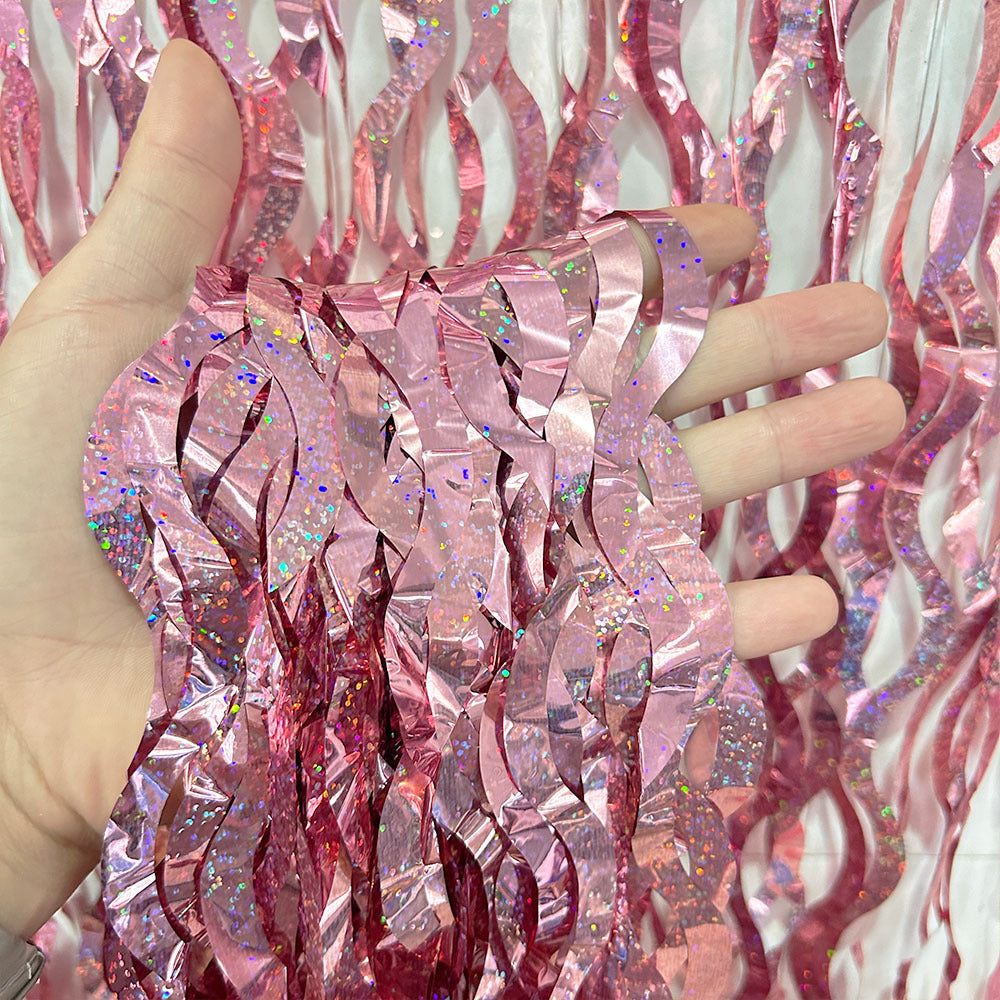 4 Pack Wavy Foil Fringe Curtain Party Backdrop 3.3x6.6 Ft Laser Pink