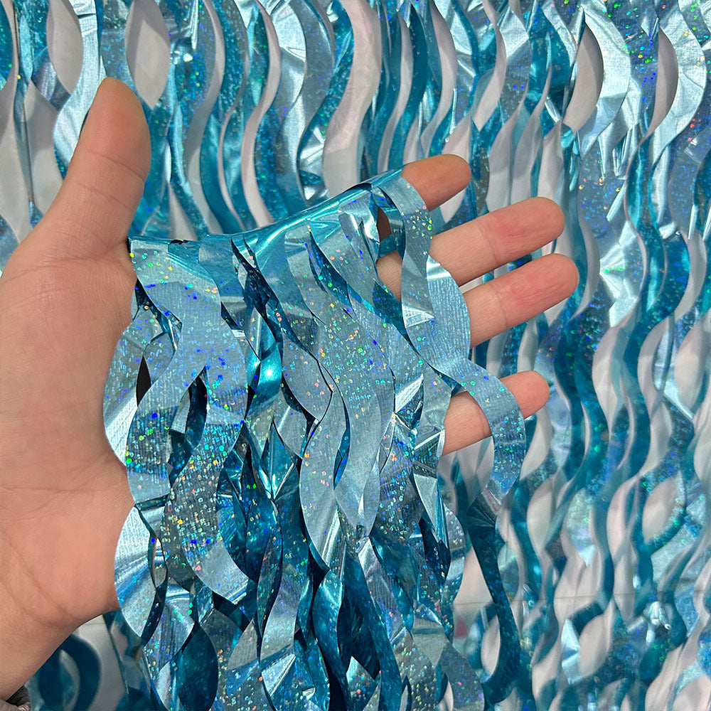 4 Pack Wavy Foil Fringe Curtain Party Backdrop 3.3x6.6 Ft Laser Light Blue