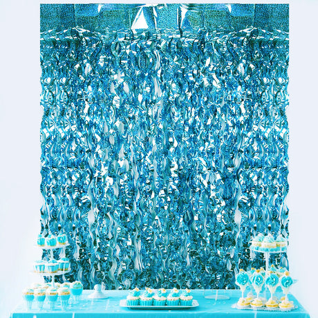 4 Pack Wavy Foil Fringe Curtain Party Backdrop 3.3x6.6 Ft Laser Light Blue