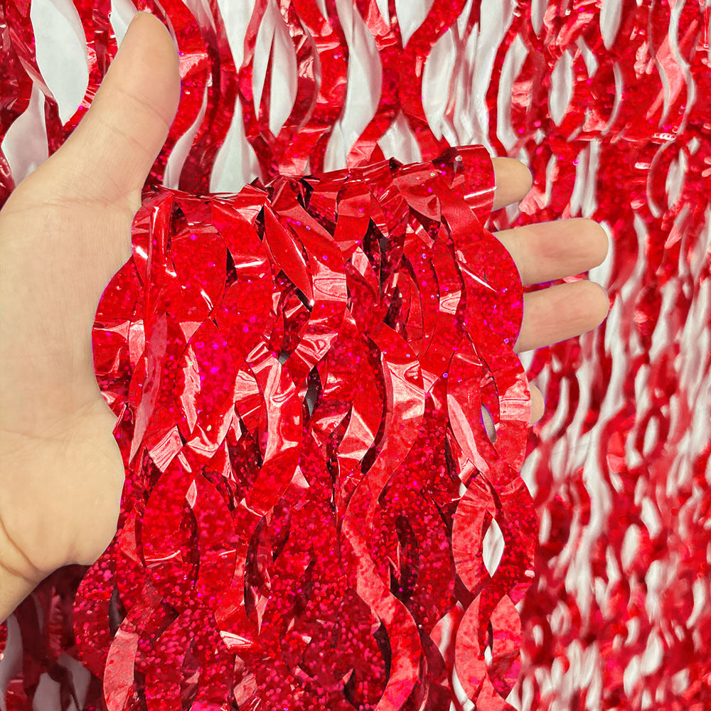 4 Pack Wavy Foil Fringe Curtain Party Backdrop 3.3x6.6 Ft Laser Red