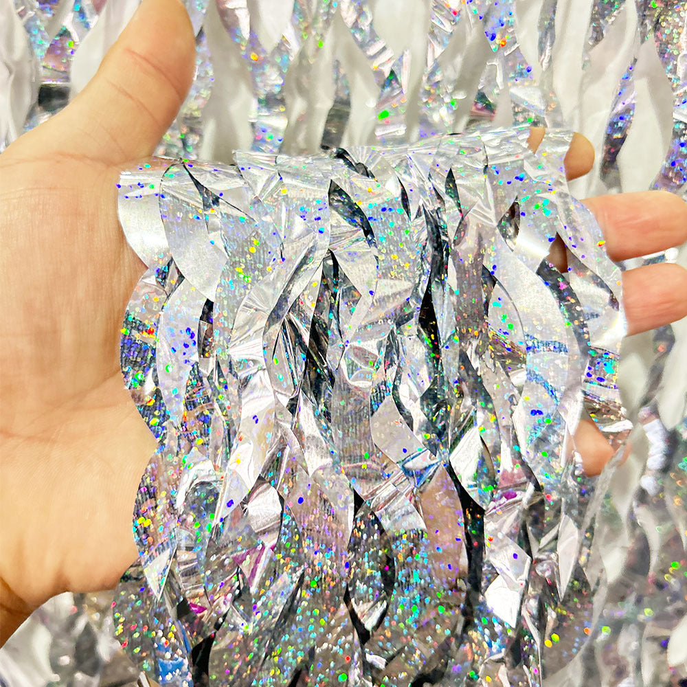 4 Pack Wavy Foil Fringe Curtain Party Backdrop 3.3x6.6 Ft Laser Silver