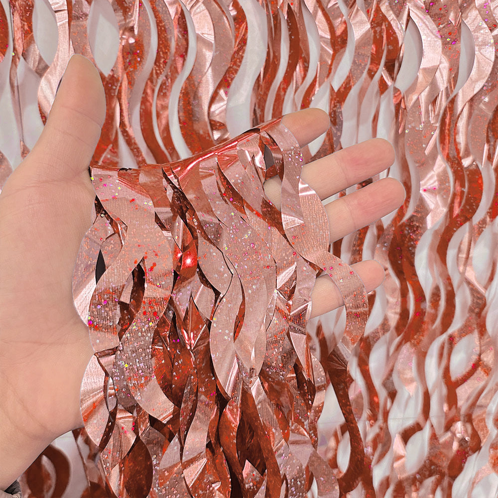 4 Pack Wavy Foil Fringe Curtain Party Backdrop 3.3x6.6 Ft Laser Rose Gold