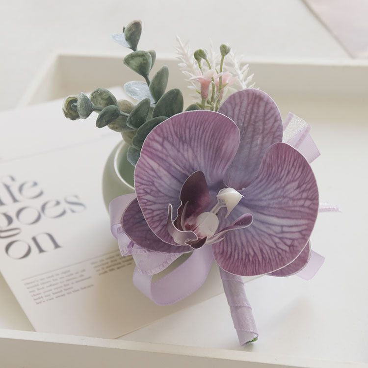 4 Pcs Wedding Purple Artificial Corsage with Clip Phalaenopsis
