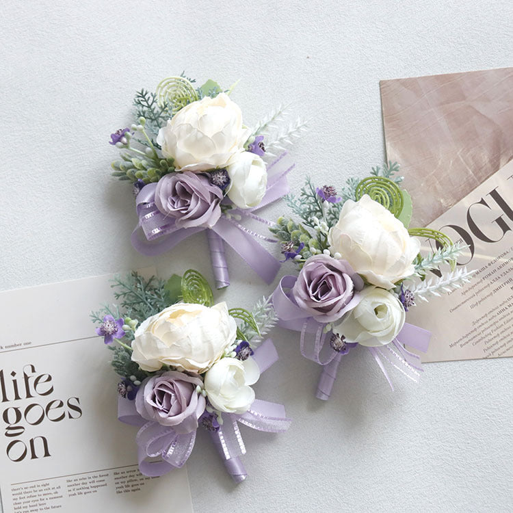 4 Pcs Wedding Purple Artificial Corsage with Clip White Peony