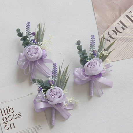 4 Pcs Wedding Purple Artificial Corsage with Clip Peony