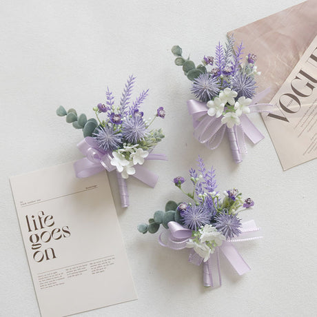 4 Pcs Wedding Purple Artificial Corsage with Clip Thorn Ball