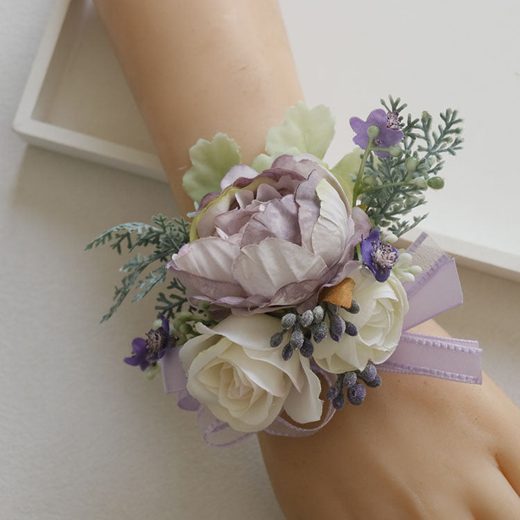 6pcs Wedding Accessories Wrist Corsage Purple Peony