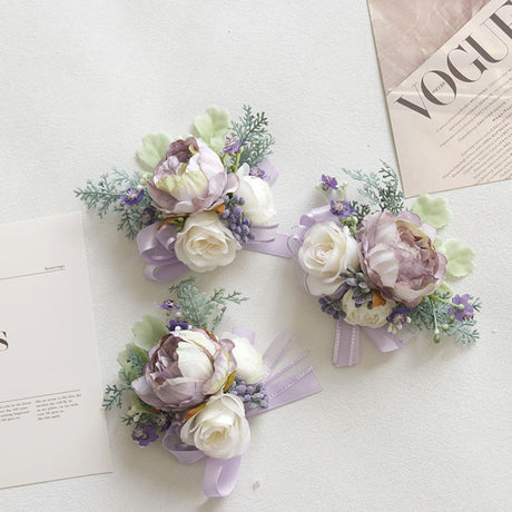 6pcs Wedding Accessories Wrist Corsage Purple Peony
