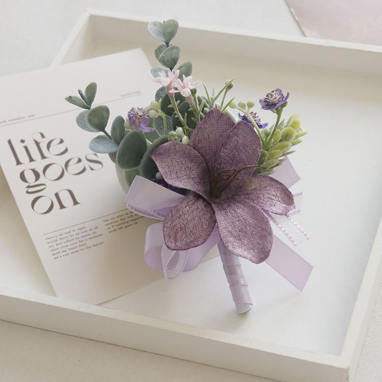 4 Pcs Wedding Purple Artificial Corsage with Clip Lily