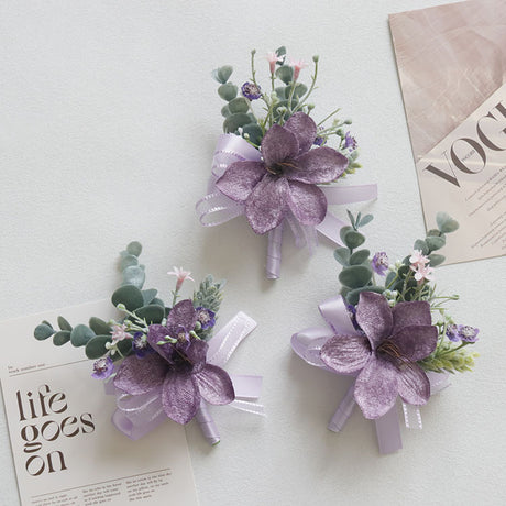 4 Pcs Wedding Purple Artificial Corsage with Clip Lily