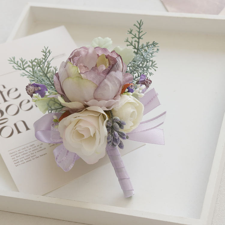 4 Pcs Wedding Purple Artificial Corsage with Clip Purple Peony