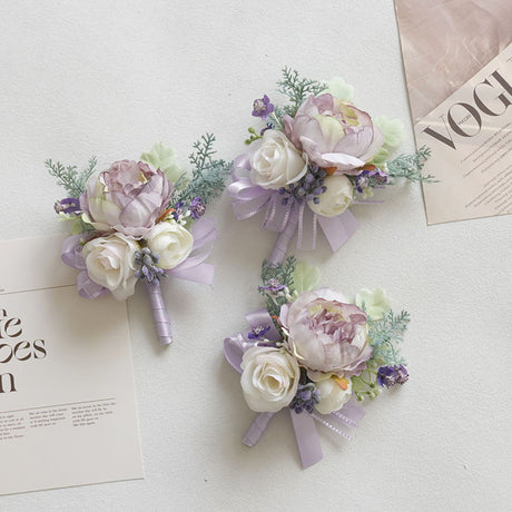 4 Pcs Wedding Purple Artificial Corsage with Clip Rose