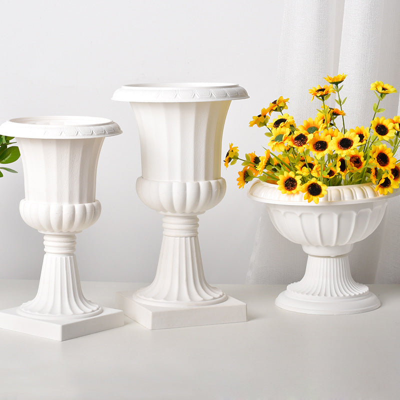 2 Pcs White Urn Planter, Floral Pedestal Flower Pot Plant Stand - PVC 20"