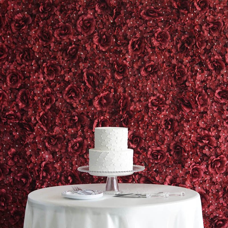 Burgundy 3D Silk Rose and Hydrangea Flower Wall Mat Backdrop - 4 Artificial Panels - YauSpark